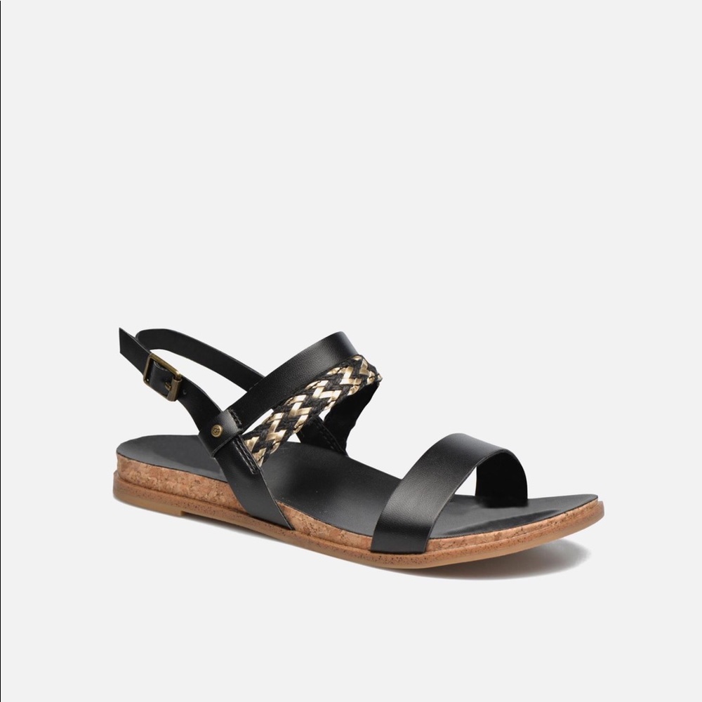 NWT UGG Leather K Jayna Metallic Black Gold Sandals Girls Kids Children's Shoes